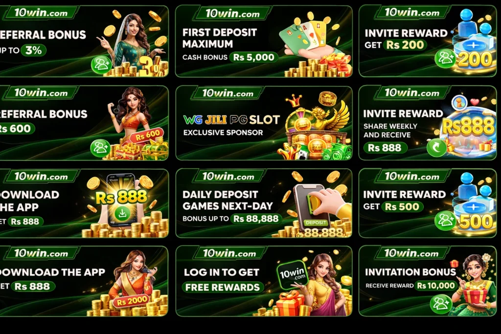 Bonuses and offer in 10 win, banner images in green and black color with white text