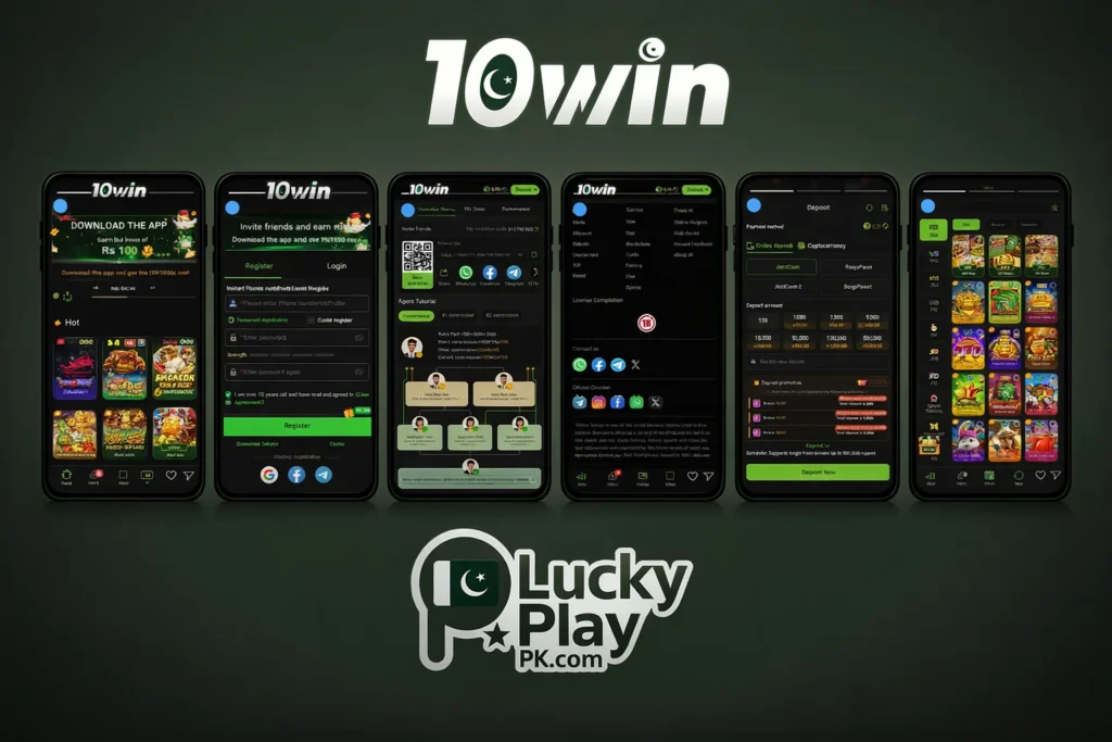 10 Win game screenshots of home, registration, invite, deposit, slot game and footer of app