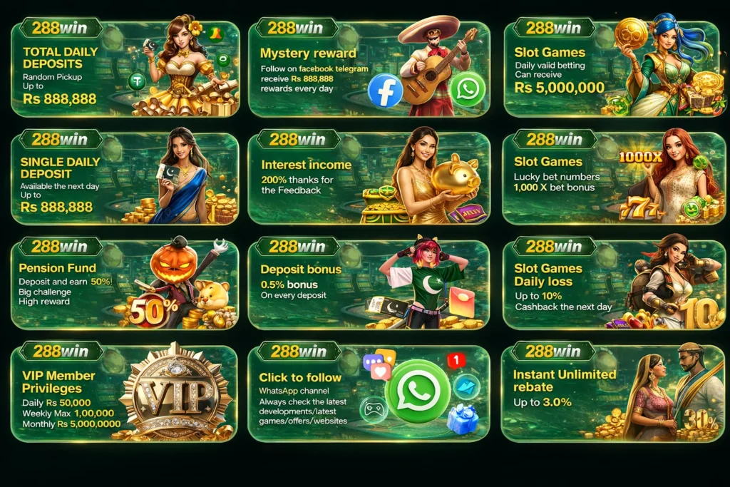 288win promotions and bonuses banners, cartoon characters, yellow color text and green theme
