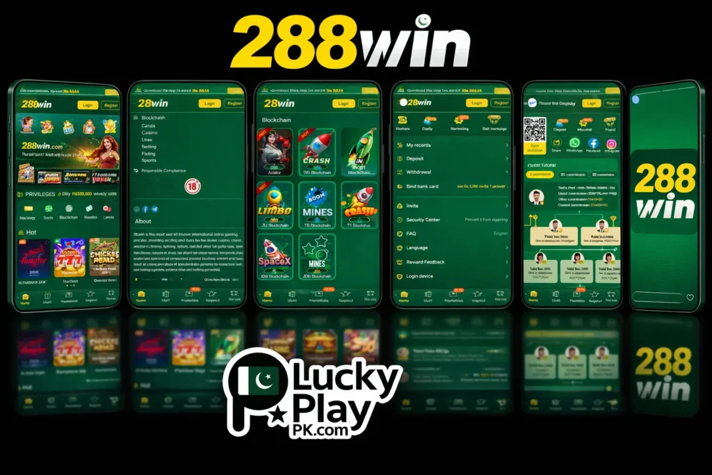 288win app screenshots of home, footer, blockchain games, invite, profile