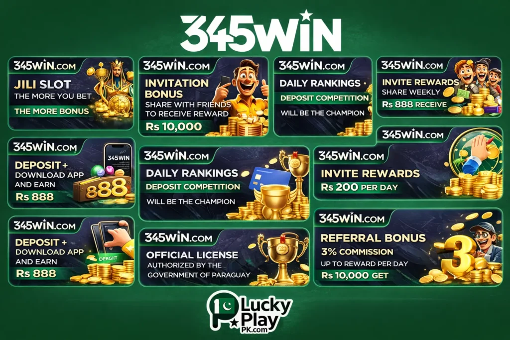 345WIN promotional banners with bonuses, deposit offers, referral rewards, and rankings.