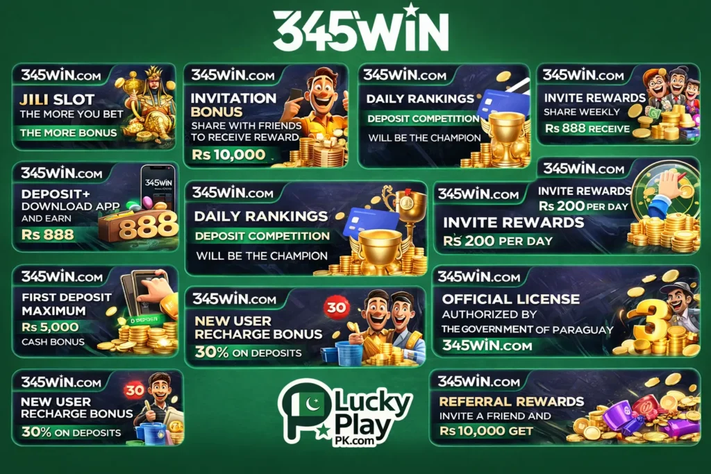 345WIN bonus grid design with JILI slot, invite rewards, deposit bonus, and license banner.