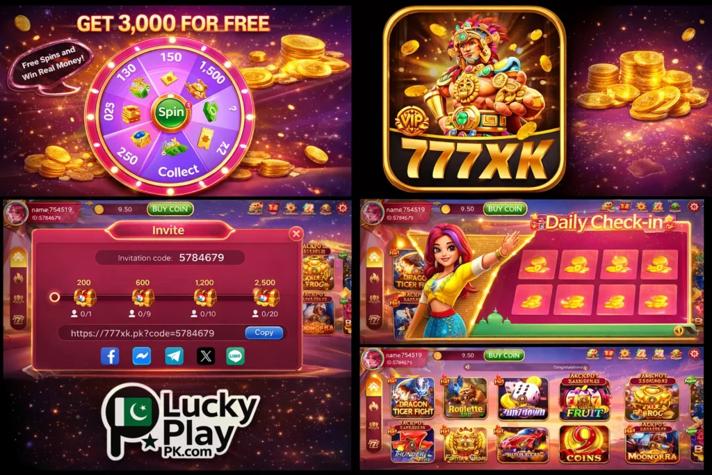 Colorful LuckyPlay PK casino app collage showing spin wheel, VIP 777XK, invite bonus and daily check-in screen