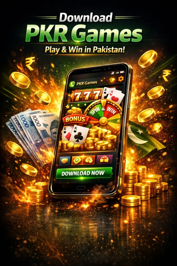 PKR Games promo banner with smartphone, gold coins, PKR notes and Download Now button glowing background