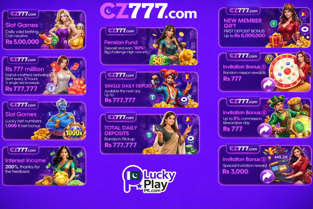 CZ777 promotional banners showing slot bonuses, deposits, cashback and invitation rewards.