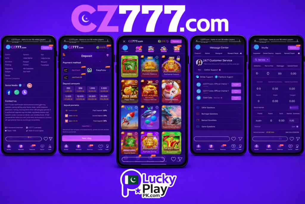 Five CZ777 mobile app screens displayed on purple background with LuckyPlayPK logo branding.