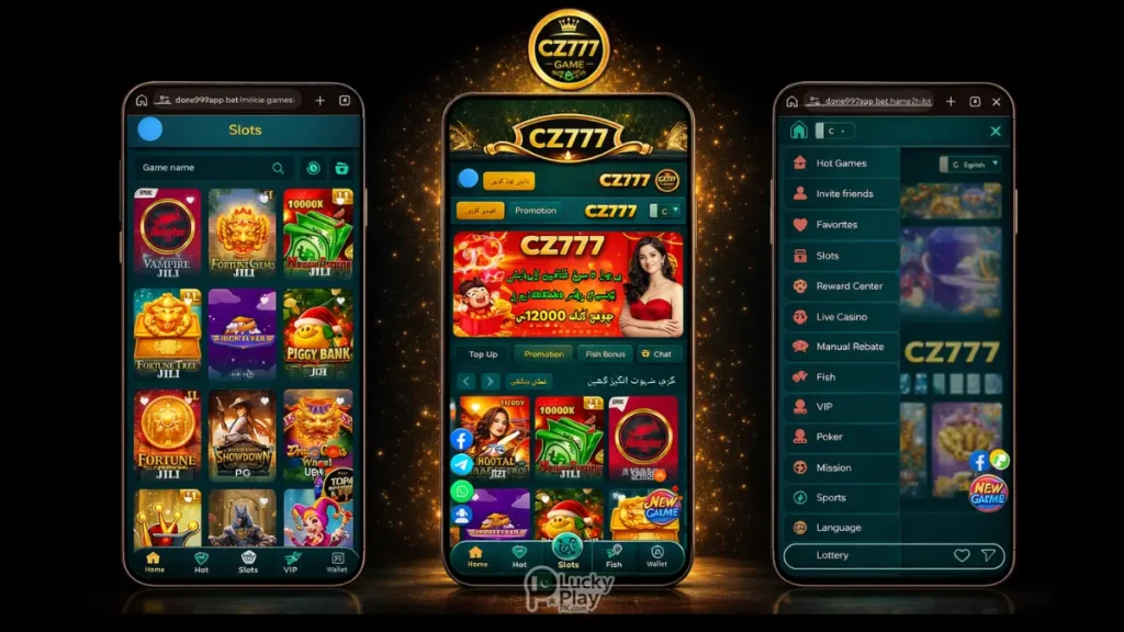 DONE999 casino app interface with game center, bonus offers, and signup form