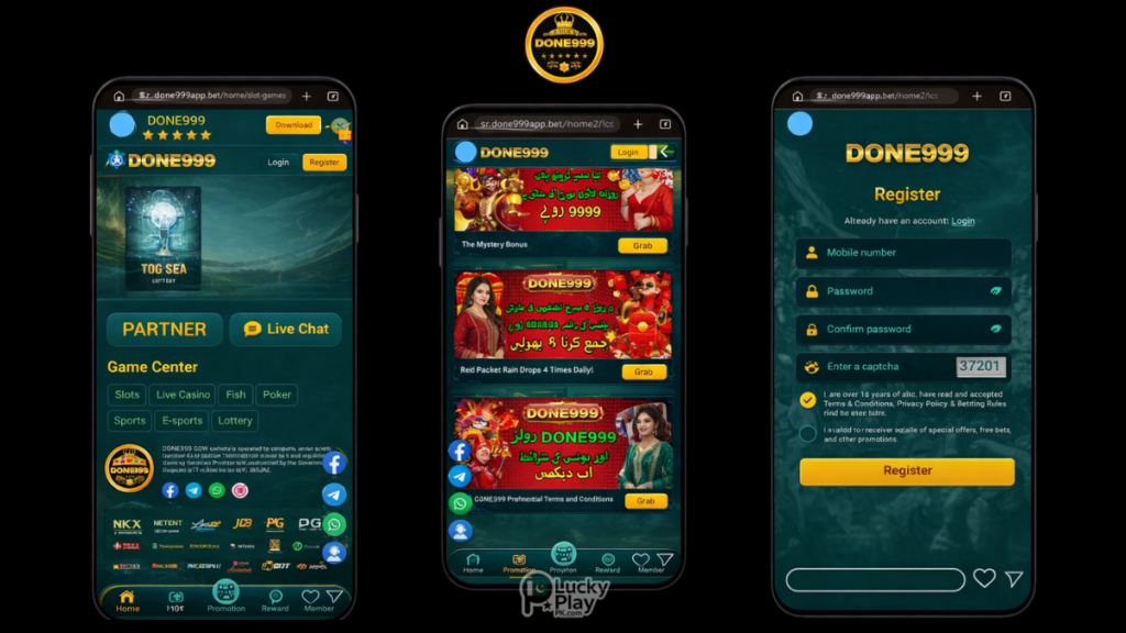 Three DONE999 mobile app screens showing home, promotions, and registration interface