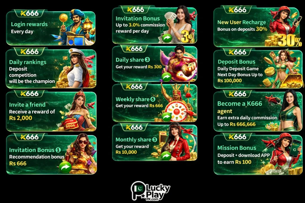K666 promotional bonus banners arranged in grid layout with green theme and LuckyPlayPK branding