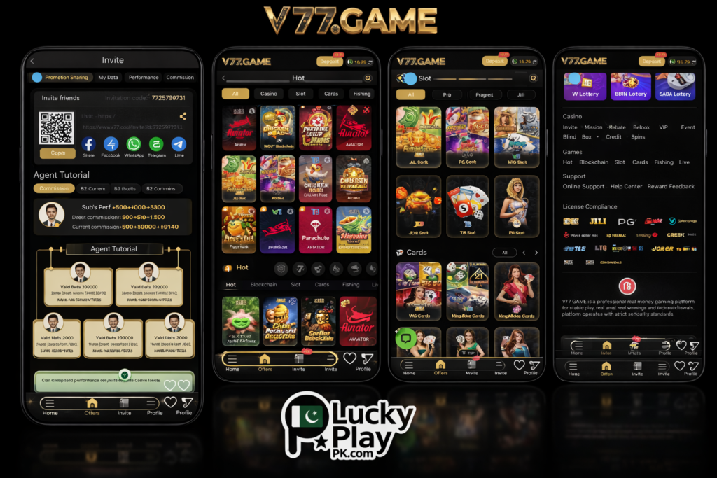 V77 mobile app interface showing invite page, hot games list, slot games, card games, and menu section in black and gold theme with LuckyPlay.pk branding.