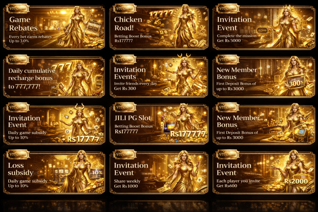 V77 App promotional banners featuring golden goddess theme highlighting game rebates, chicken road bonus, aviator rebate, invitation events, new member bonus, loss subsidy, and lucky bonus offers.