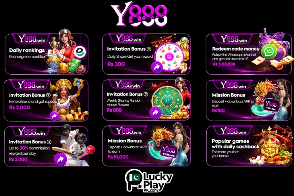 Y888 app bonus banners featuring invitation rewards, missions, cashback, and daily rankings.