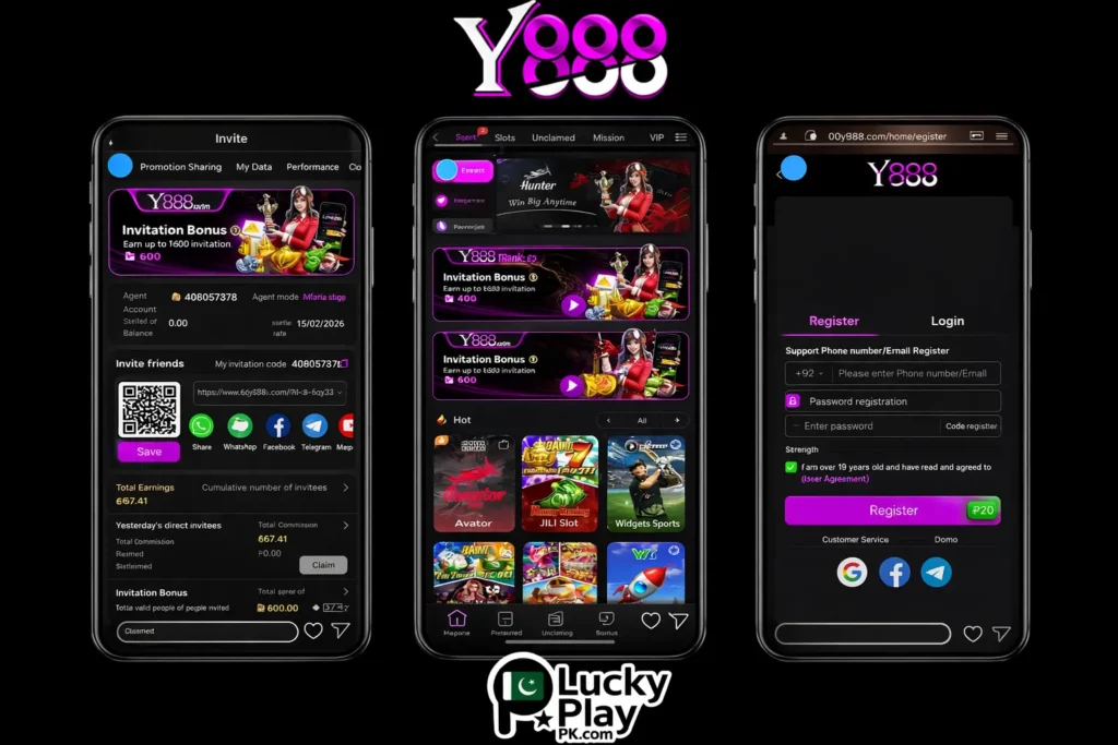 High-quality Y888 app screens showing invite, home games, and registration bonus interface.