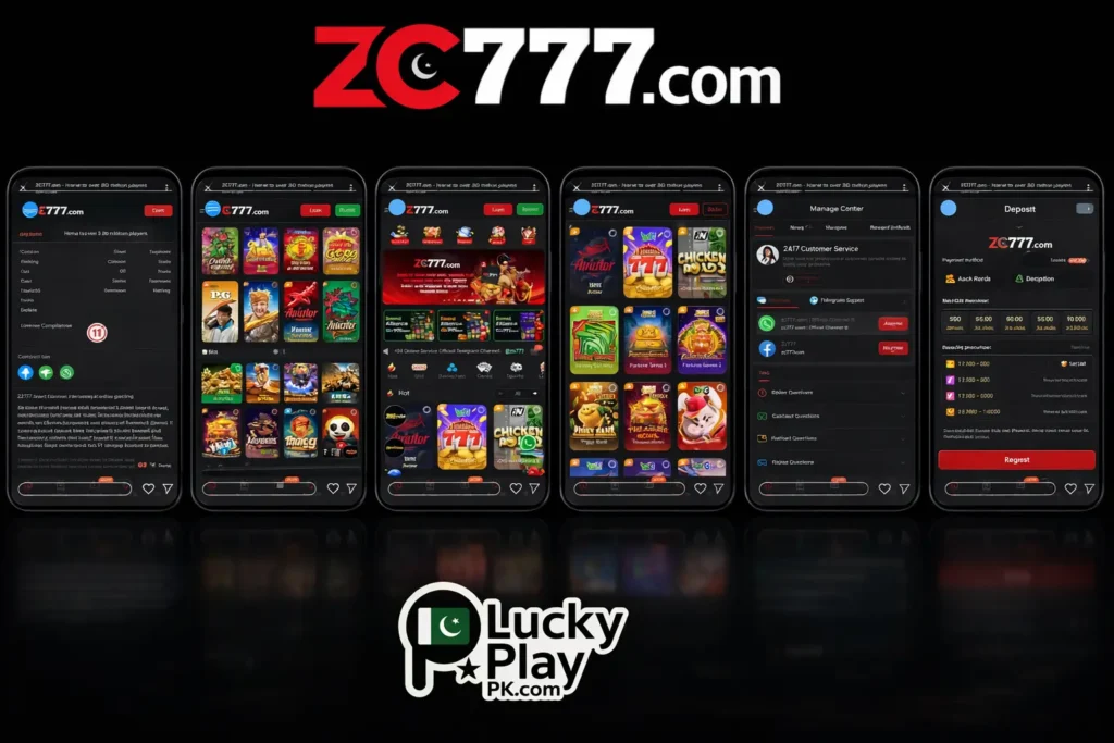 ZC777.com homepage screens displayed on multiple smartphones with dark theme layout.