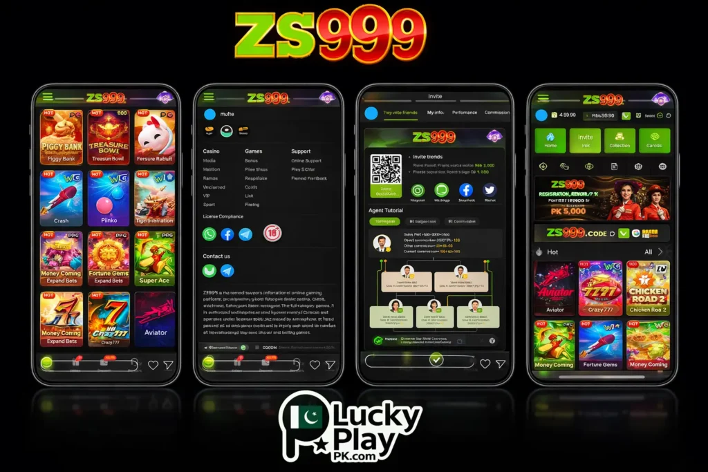 Four mobile screens of ZS999 gaming app with LuckyPlayPK logo on black background.