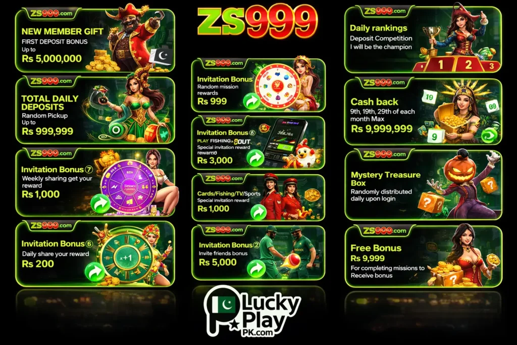 ZS999 promotional offers layout showing bonuses, cashback, rankings, and rewards panels.