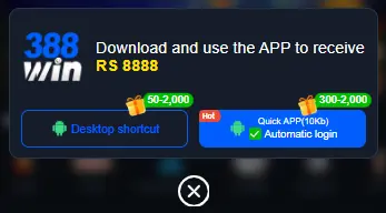 app download popup offering RS8888 bonus with desktop shortcut and quick auto login option