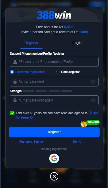 registration form with phone number, password fields and Rs8,888 free bonus offer