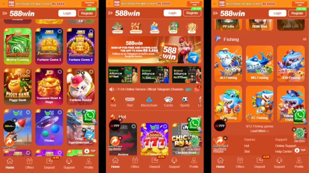 588 Win casino app showing slots, fishing games, hot games and brand alliances
