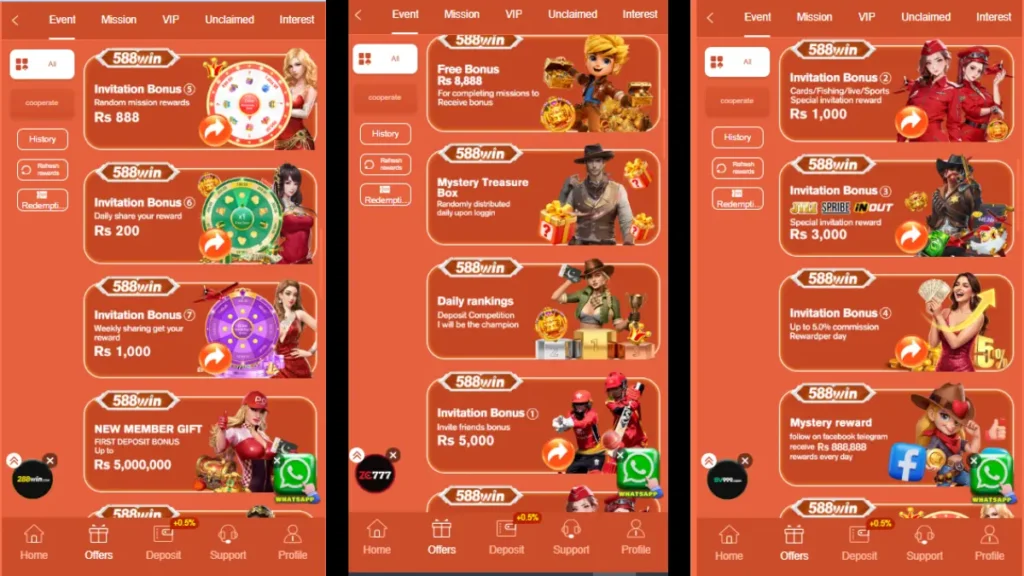 588 Win Game offers page with invitation bonuses, free Rs 8888 and mystery rewards