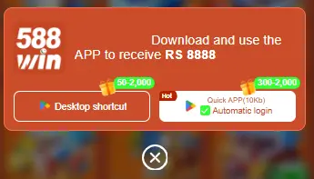 588Win app download banner offering Rs 8888 bonus with auto login option