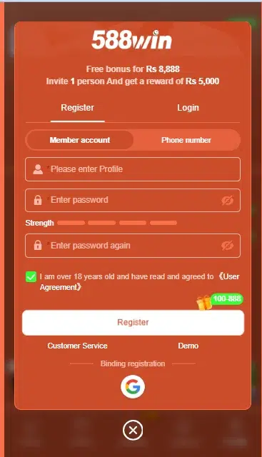 588Win register page with Rs 8888 free bonus and Rs 5000 referral reward