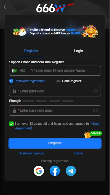 Registration page of game