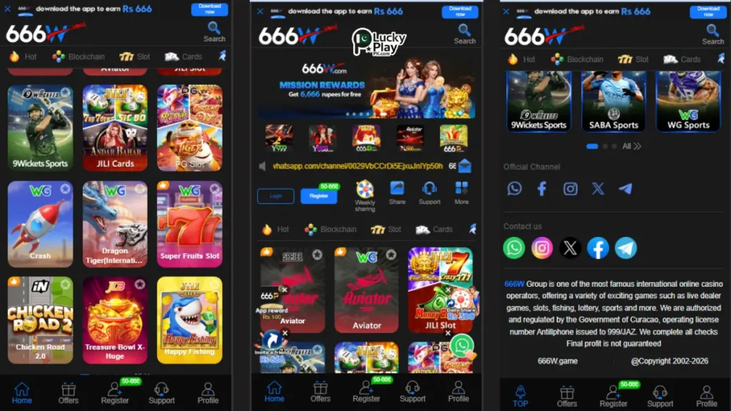 Screenshots pf 666 w homepage and games