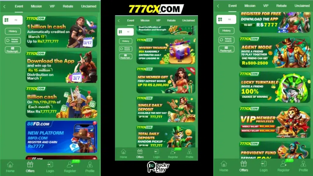 777 CX offers page with billion cash prize, mystery treasure box, VIP privileges and agent rewards