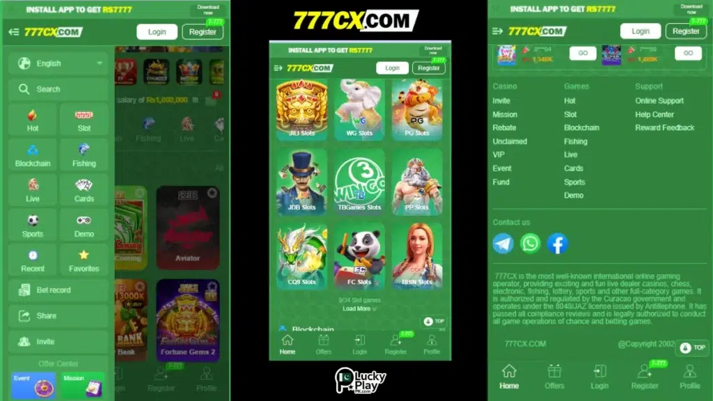 777 CX casino app showing JILI, WG, PG, JDB slot games with sidebar navigation and footer links