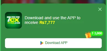777CX.com app download popup offering Rs7,777 bonus reward with green Download APP button