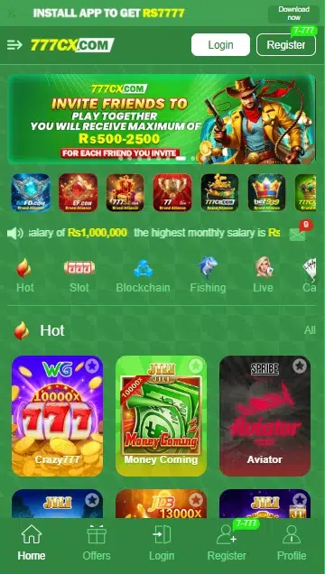 777CX.com casino homepage with invite friends Rs500-2500 bonus and hot games like Crazy777 Aviator