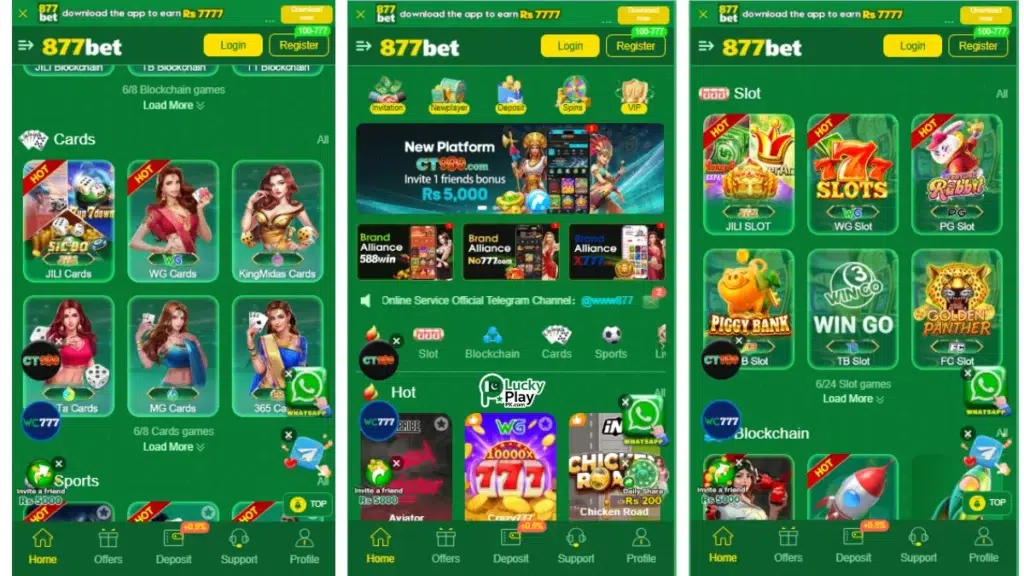 877Bet green casino app showing cards, slots, blockchain and hot games sections