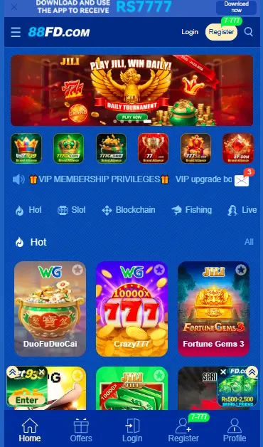 88FD app home screen showing JILI games, slots, and navigation menu