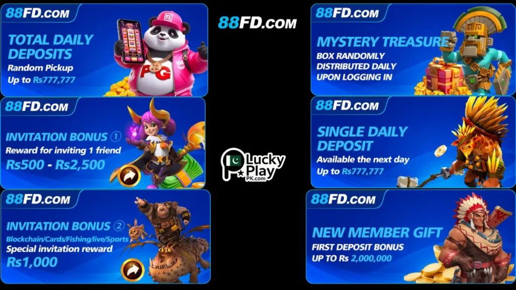 88FD.com bonuses including Rs2,000,000 new member gift and daily deposit rewards