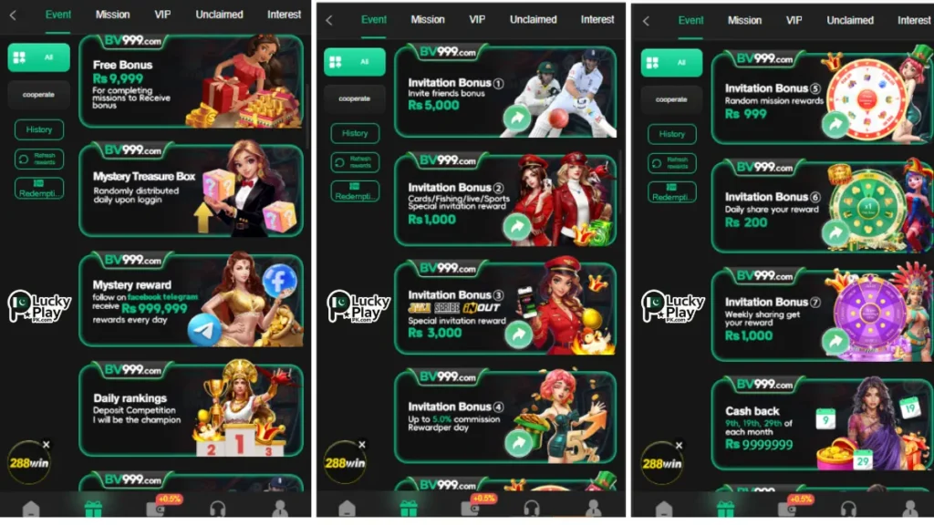 BV999 App events page showing free bonus, invitation rewards, mystery treasure and cashback offers Sonnet 4.6