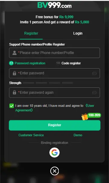 BV 999 registration form with phone number, password fields and Rs 9,999 free bonus offer
