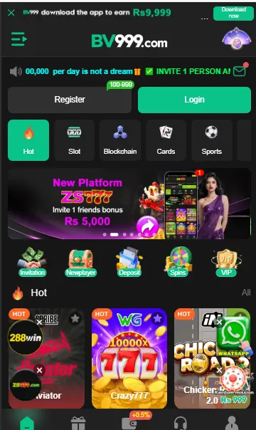 BV999.com online casino homepage with slots, blockchain, cards and sports betting options