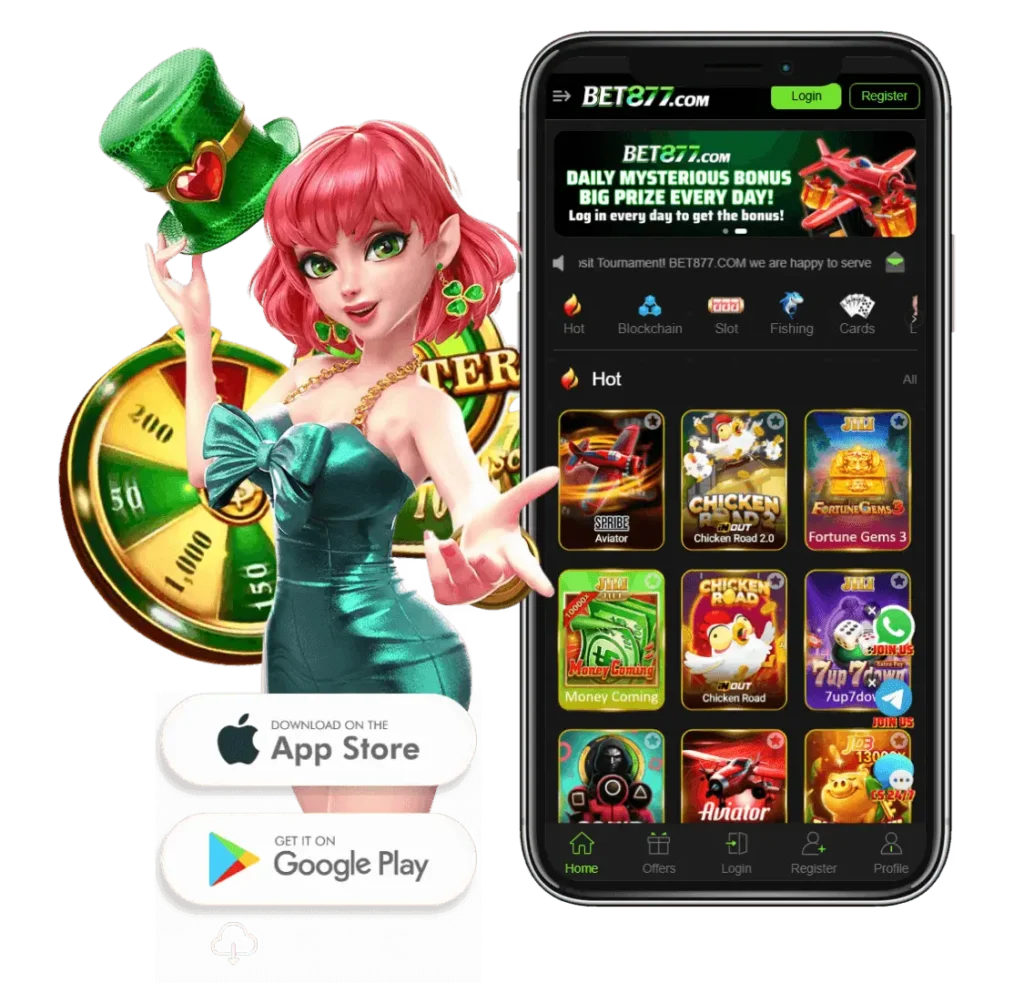 Bet877 casino app on phone with lucky girl mascot and App Store Google Play buttons