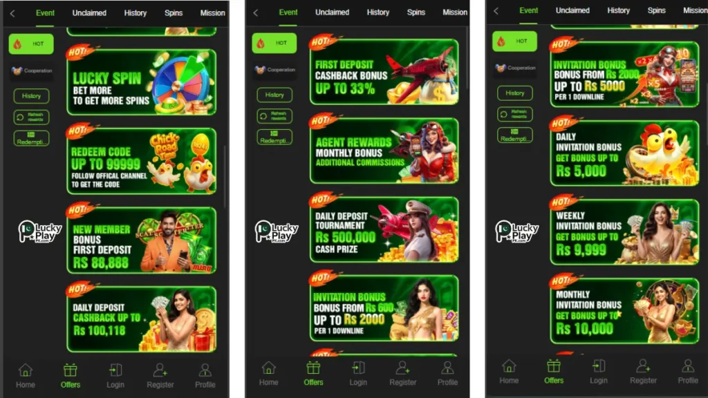 offers page with lucky spin, redeem codes, deposit cashback and invite bonuses