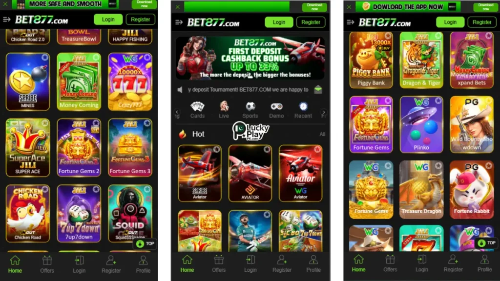 Bet877 casino app showing slots, hot games, Aviator and 33% cashback bonus banner