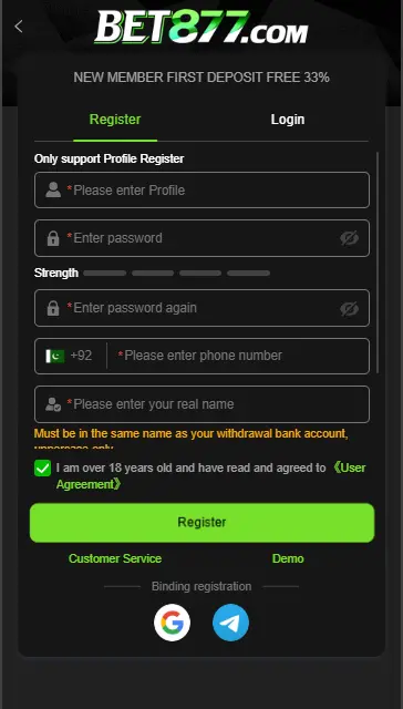 register page with 33% first deposit bonus and Pakistan phone number field