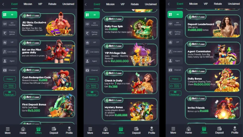 The offers page showing VIP rewards, daily bonuses, and promotions up to Rs888888