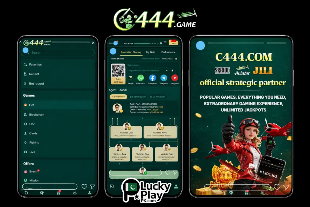 C444 APK menu, referral system and official strategic partner banner