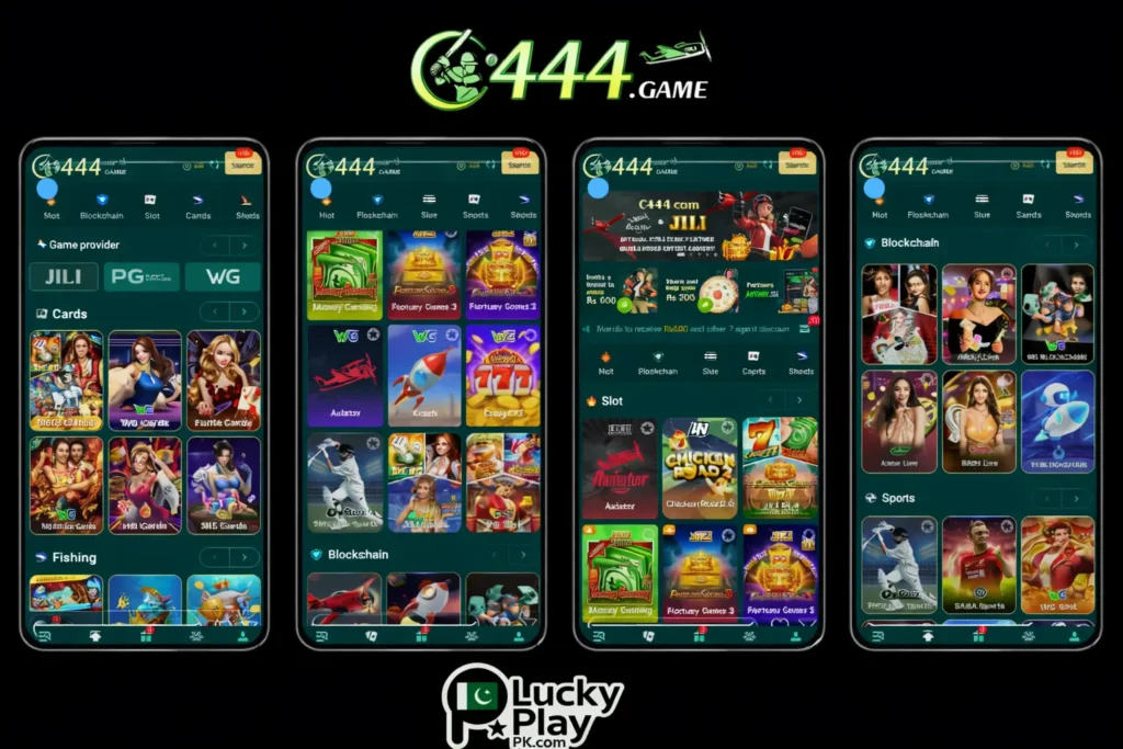 C444 APK showing slots, cards, fishing and sports games lobby