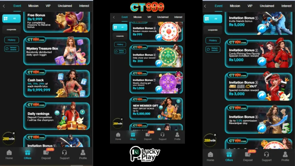 CT 999 offers page showing free bonus Rs9999, mystery treasure box, cashback and invitation rewards