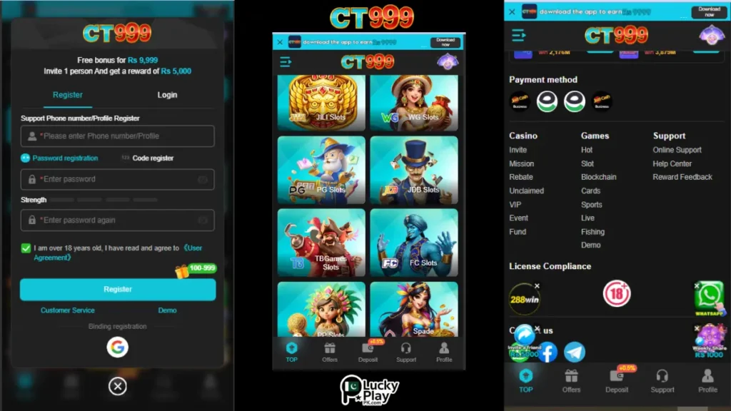 app register form, JILI WG PG slot games page and casino footer with payment and support links