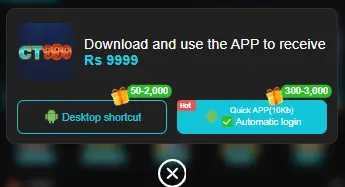 app download popup offering Rs9999 bonus with desktop shortcut and quick app login options