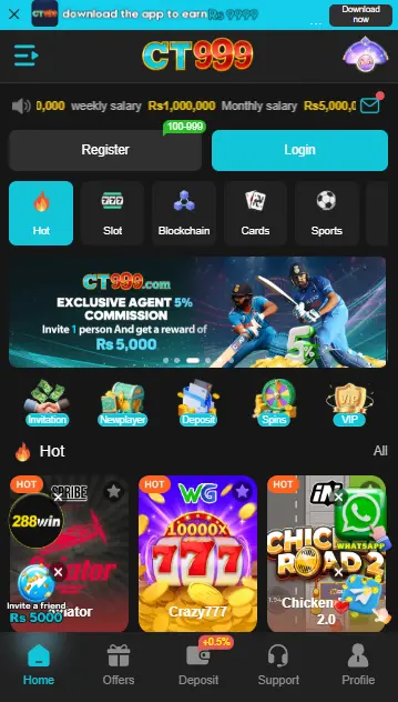 CT999 online casino homepage with hot slots, blockchain, cards, sports and Rs5,000 invite reward