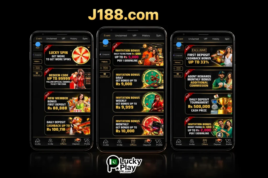 Three J188.com mobile screens showing bonuses and offers with Lucky Play PK logo on black background.